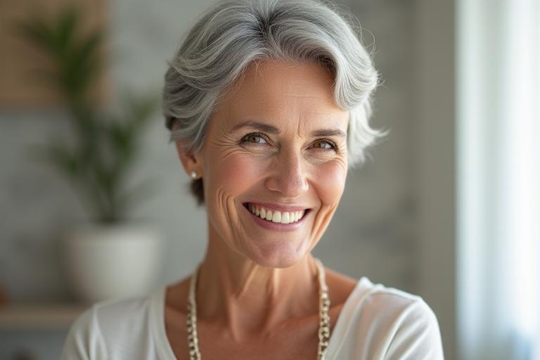 Donna di media età con pelle luminosa e sorriso sereno, in un ritratto che enfatizza la bellezza naturale e la saggezza, con un tocco di eleganza romana