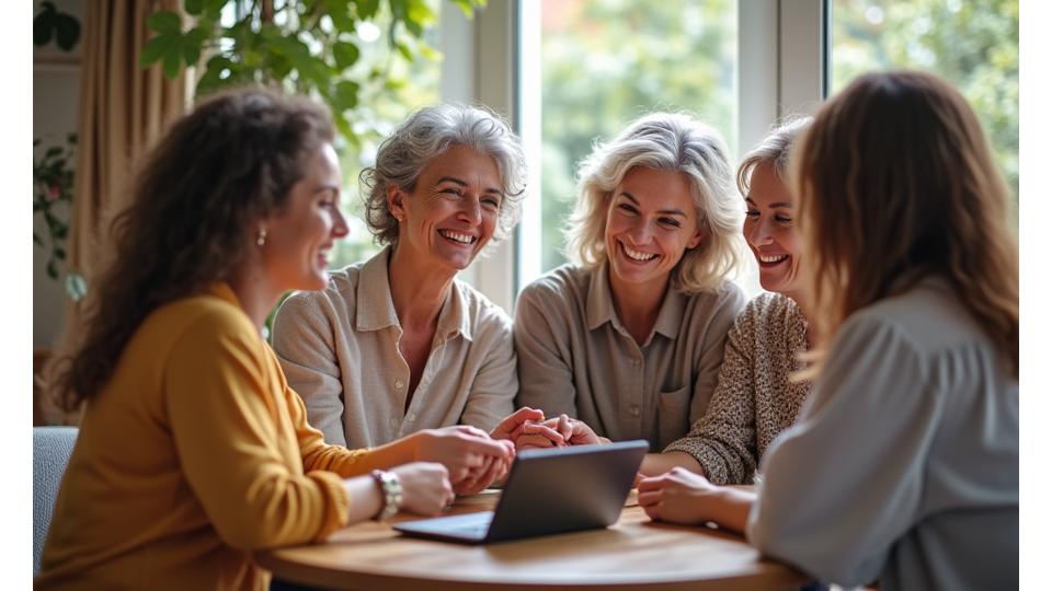 Gruppo di donne di diverse età che ridono e condividono un momento gioioso in un caffè accogliente o un forum digitale, simboleggiando connessione e supporto reciproco