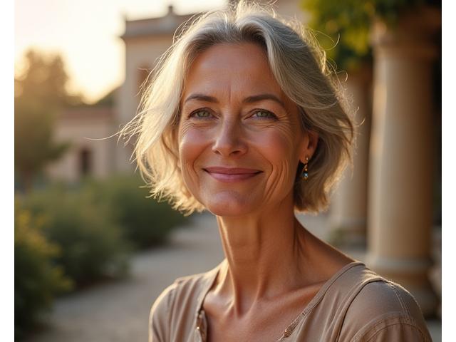 Donna sorridente matura in un ambiente luminoso e naturale, che irradia serenità e forza interiore