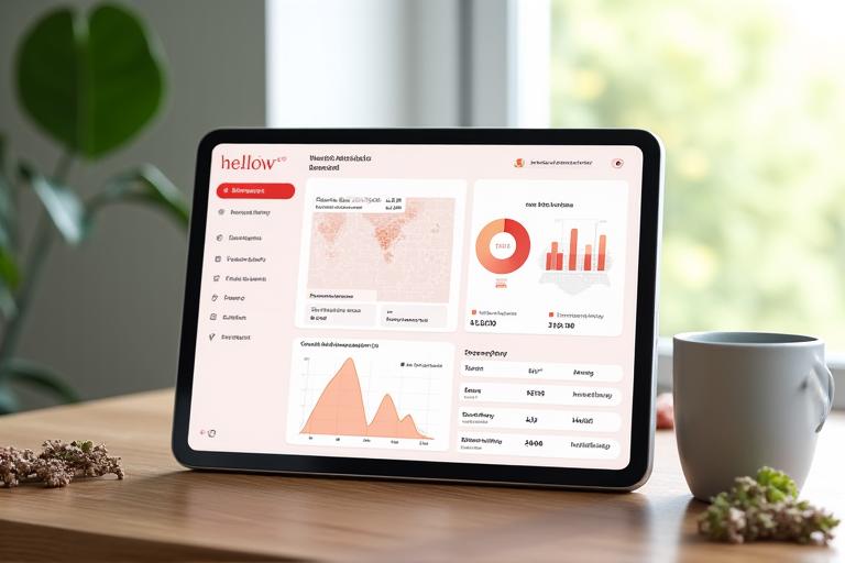 Illustrazione di un dashboard digitale per il tracciamento del ciclo femminile, con grafici di umore, energia e sintomi, visualizzato su un tablet in un contesto sereno