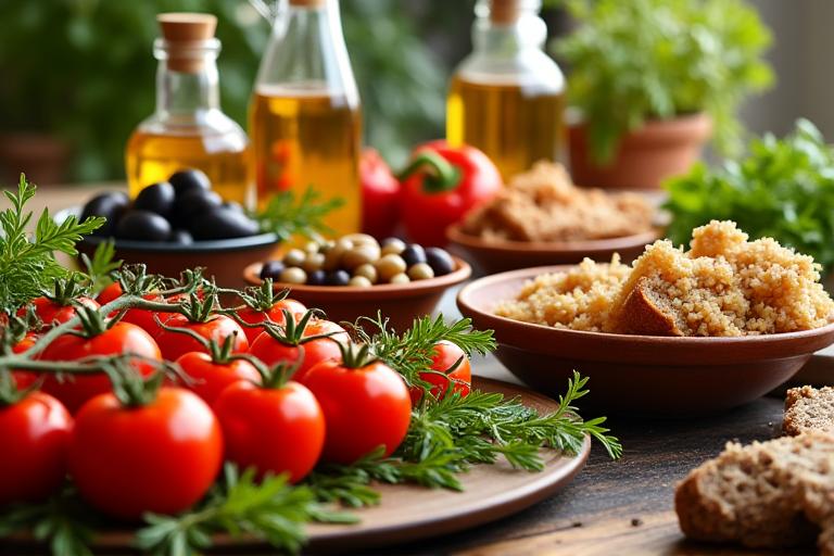 Tavola abbondante con alimenti tipici della dieta mediterranea: frutta fresca, verdure colorate, olio d'oliva, cereali integrali, erbe aromatiche, in un'atmosfera calda e naturale
