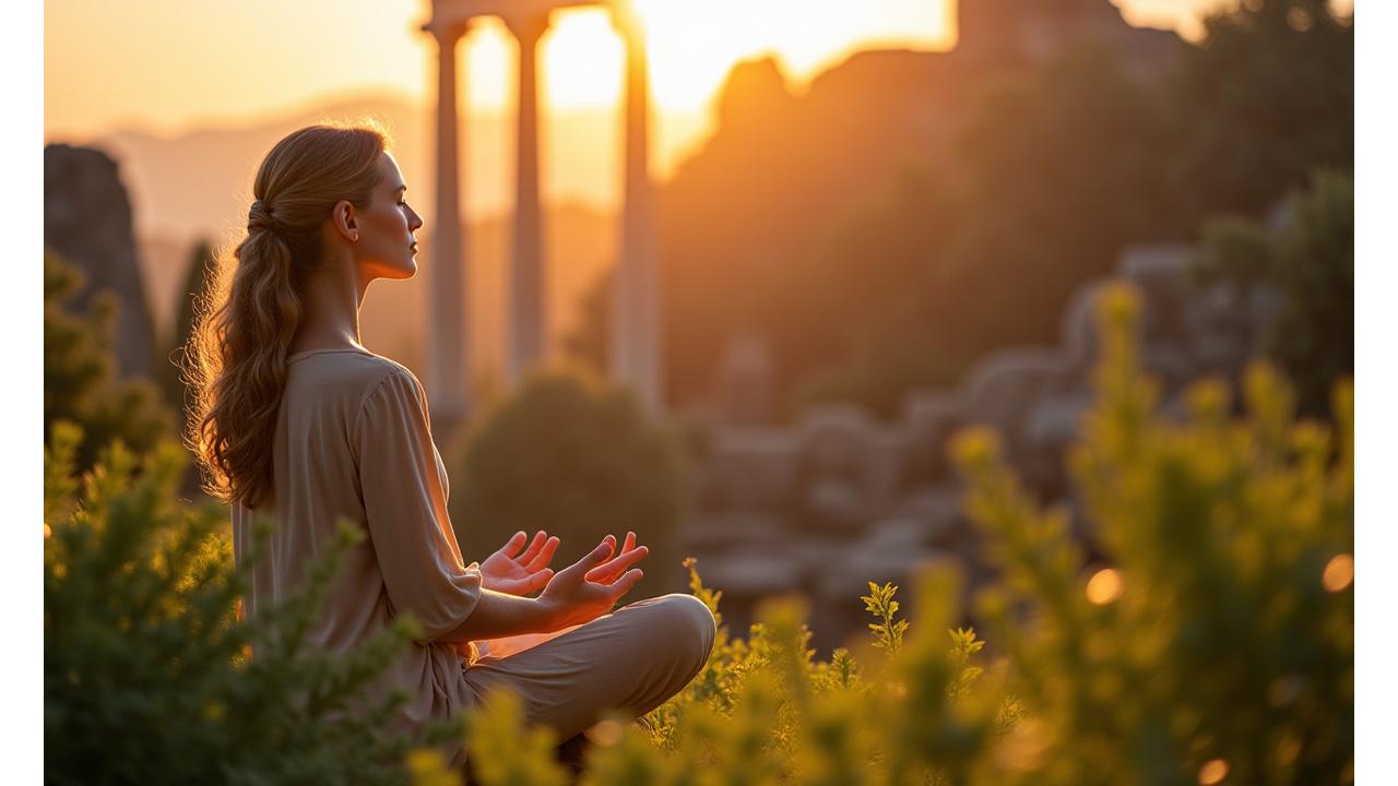 Donna serena che medita all'alba, con elementi che richiamano l'antica Roma e la natura, simboleggiando equilibrio.