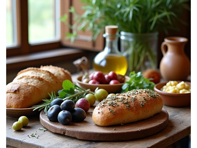 Piatto di cibo mediterraneo fresco, con erbe aromatiche e un tocco antico.