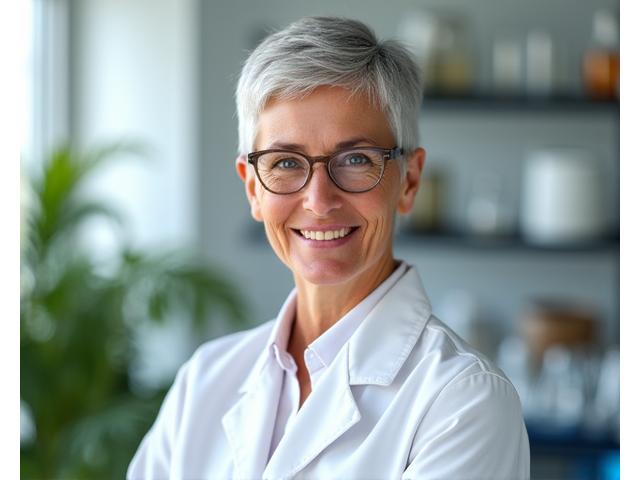 La Dott.ssa Sofia Silva, responsabile scientifica di Vita Romana, sorridente in un moderno laboratorio di ricerca con elementi botanici in sottofondo.