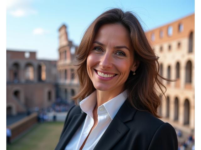 Ritratto professionale di Elara Rossi, co-fondatrice di Vita Romana, sorridente sullo sfondo del Colosseo.