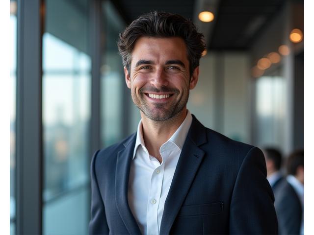 Ritratto professionale di Marcus Aurelio, co-fondatore di Vita Romana, in un ambiente moderno ed elegante, simbolo di innovazione tecnologica.