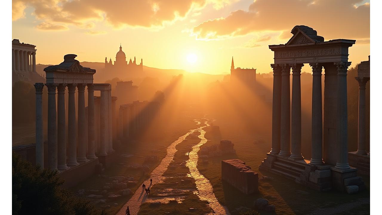 Panoramica suggestiva dei Fori Imperiali all'alba, con una luce dorata che illumina le antiche rovine, evocando l'ispirazione della saggezza romana.