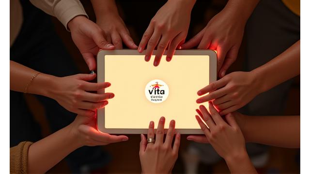 Schermata stilizzata dell'interfaccia utente di Vita Romana su un tablet, circondata da mani simboliche che si uniscono a formare una comunità.