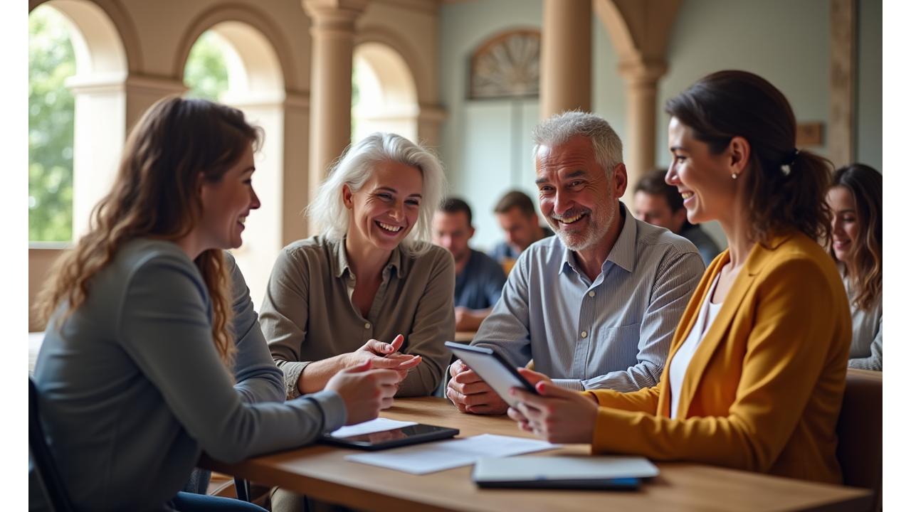 Un gruppo diversificato di persone che sorridono e collaborano in un ambiente di comunità, con elementi digitali discreti che indicano lo scambio di informazioni.
