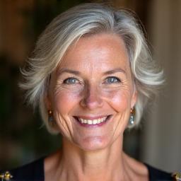 Ritratto di Anna, donna di mezza età sorridente, con uno sfondo morbido e sfocato.