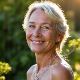 Ritratto di Elena, donna serena di circa 60 anni, che pratica yoga all'aperto.