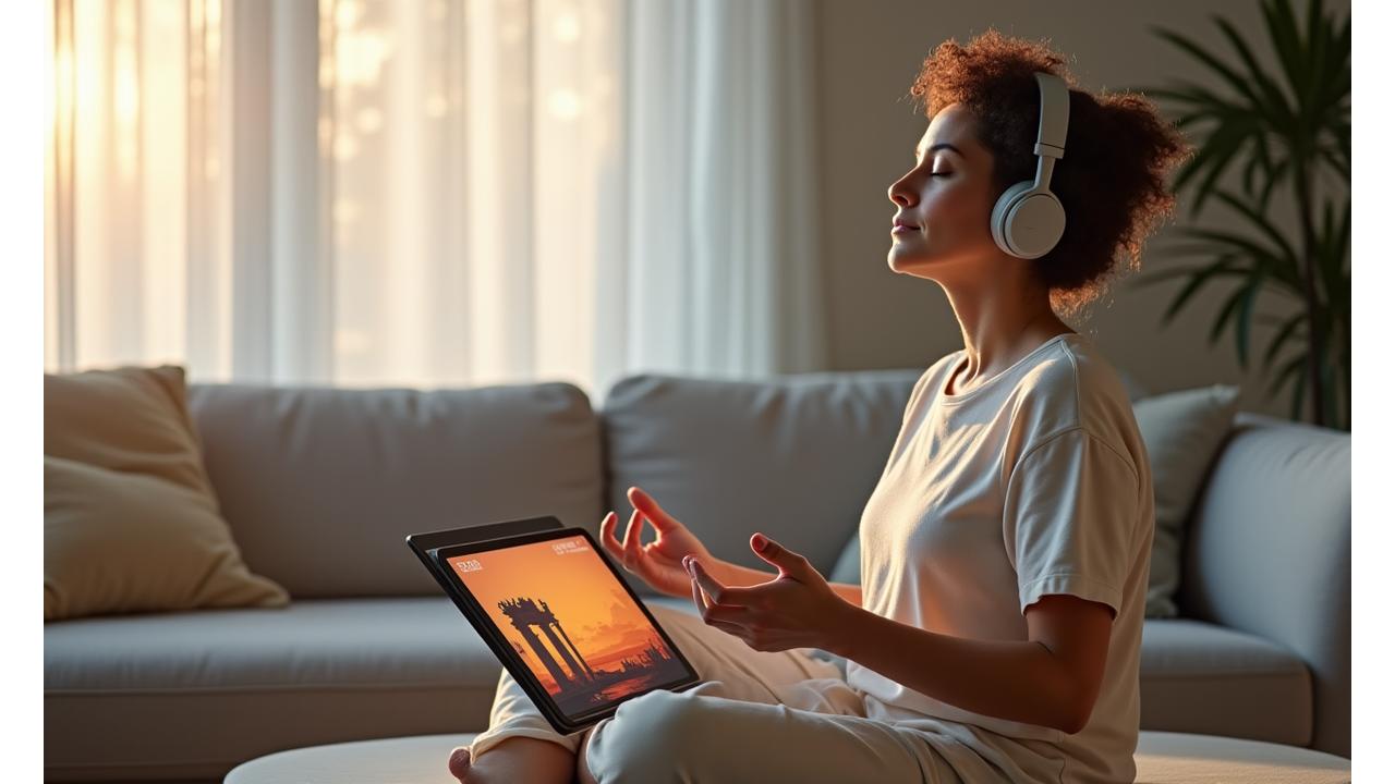 Donna adulta che medita con cuffie, sullo sfondo un'interfaccia di un'app di mindfulness con elementi grafici sereni e romani