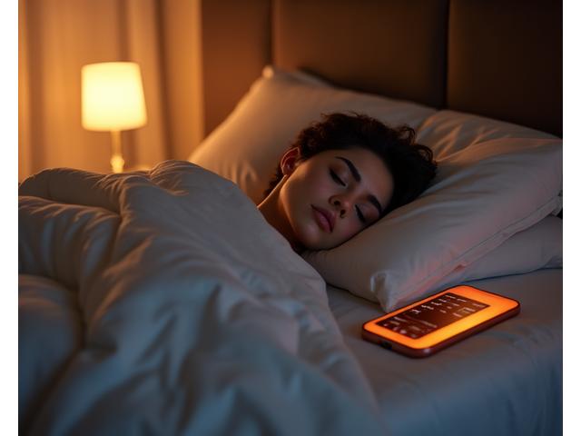 Vista rilassante di una camera da letto al tramonto o all'alba, con una persona che dorme serena e un'interfaccia di un'app per il sonno sullo sfondo