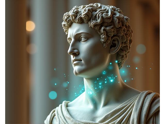 Statua romana con elementi digitali moderni, fusione di antico e nuovo