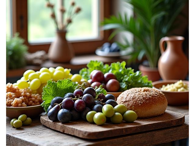 Un cesto di frutta fresca, verdure, olive e pane, che evoca l'abbondanza della dieta romana e mediterranea.