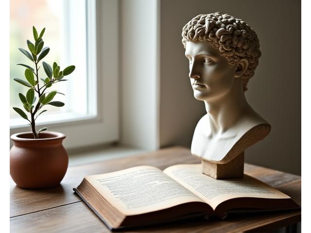 Antico busto romano con un libro aperto e una pianta verde, simboleggiando la saggezza stoica e la crescita personale.
