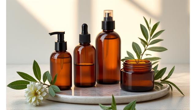 Prodotti di bellezza in contenitori di vetro scuro appoggiati su foglie fresche, che suggeriscono ingredienti naturali e purezza.