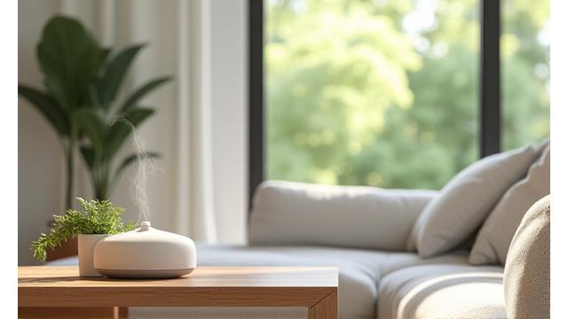 Interno di una casa moderna e minimalista con elementi naturali in legno e tessuti chiari, che trasmette calma e benessere.