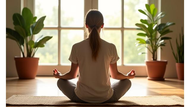 Persona seduta in posizione meditativa in un ambiente sereno, con piante e una luce calda che filtra da una finestra.