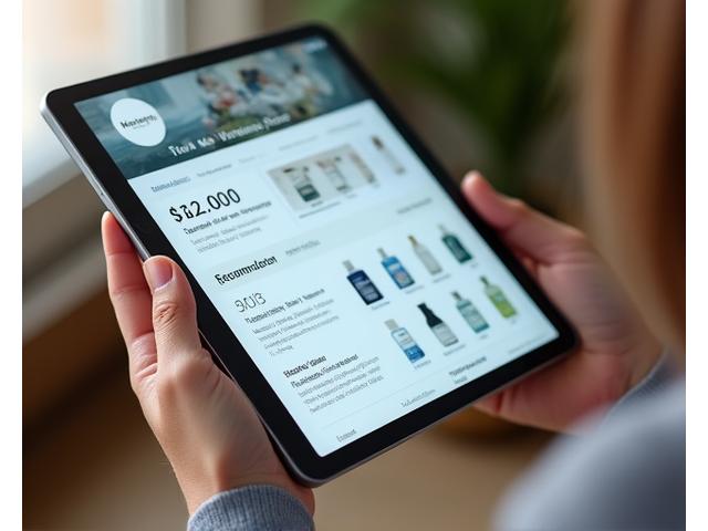 Una mano che tiene un tablet che mostra un profilo di benessere digitale con grafici e prodotti consigliati, sullo sfondo sfocato di un centro benessere moderno.