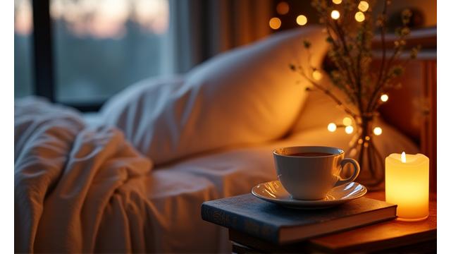 Camera da letto accogliente con lenzuola di lino, luce soffusa e un libro aperto con una tisana, evocando riposo e relax.
