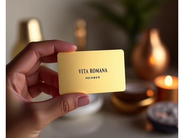 Una mano che tiene una carta fedeltà dorata di Vita Romana con uno sfondo di prodotti benessere di lusso e un orologio con conto alla rovescia, che simboleggia offerte a tempo.