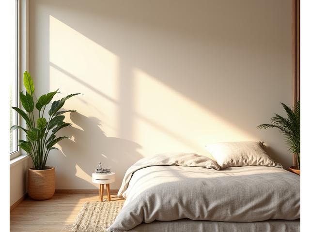 Una camera da letto serena e minimalista, con luci soffuse, piante e un design che invita al riposo.