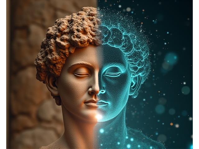 Antica statua romana che riposa serenamente, con elementi grafici che la collegano a moderni grafici del sonno.