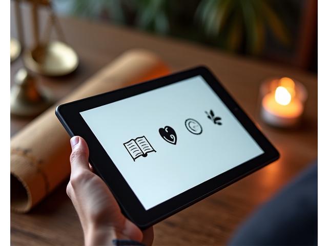 Mano che tiene un tablet con le icone dei servizi di Vita Romana (cuore, libro, forum), sullo sfondo un antico codice romano e una bilancia, simboleggiante l'equilibrio tra tradizione e uso moderno.